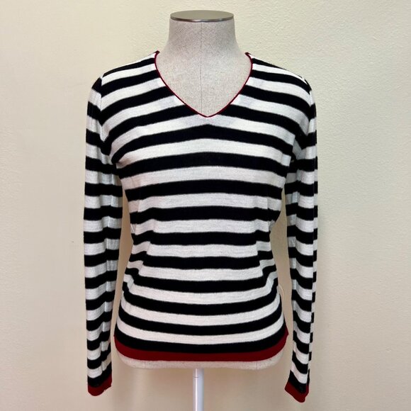 PURE MARINE V-Neck Long Sleeve Black and White Striped Sweater Size S/M - Picture 1 of 9
